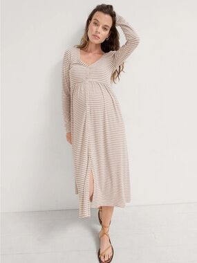 Striped Long Sleeve Maternity Midi Dress - Beige/White